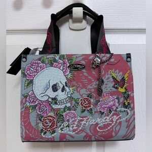 NWT Ed Hardy Denim and Red Tote with Skull Design
